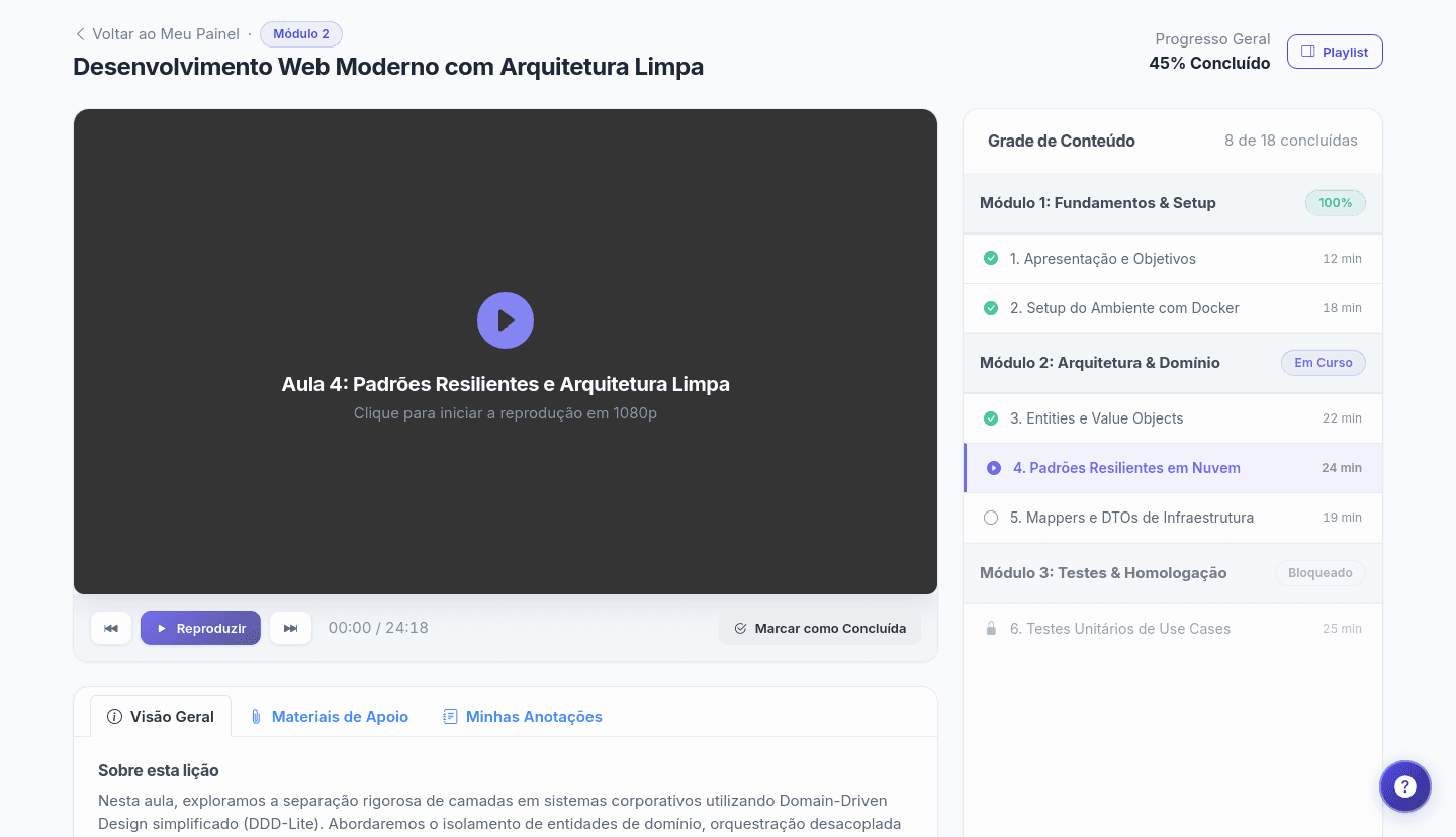 Sala Virtual do Aluno no io.edu LMS - Foco no Aprendizado